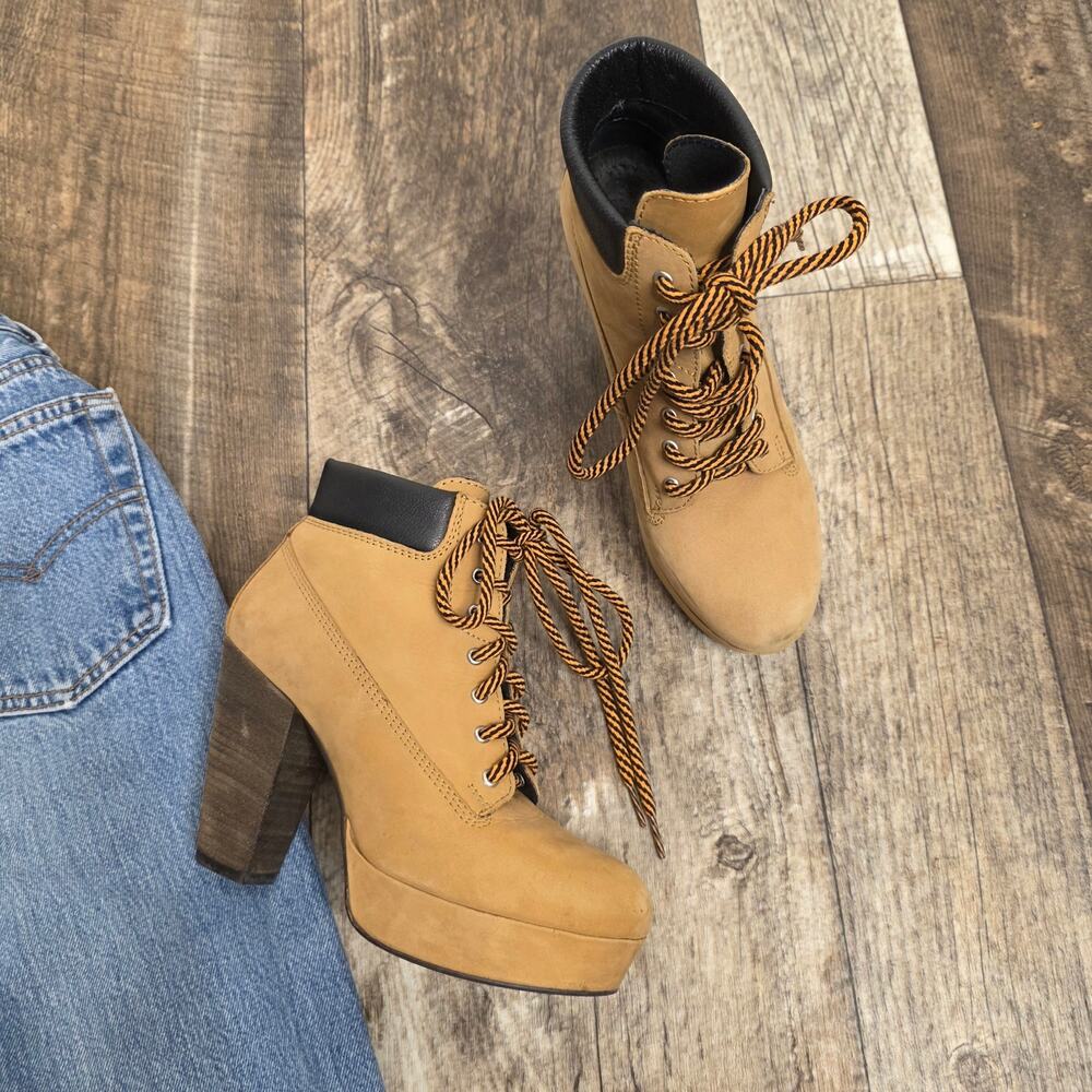 Steve Madden Tan Nubuck Platform Ankle Boots Lace Up Block Heel Size 7 Russty